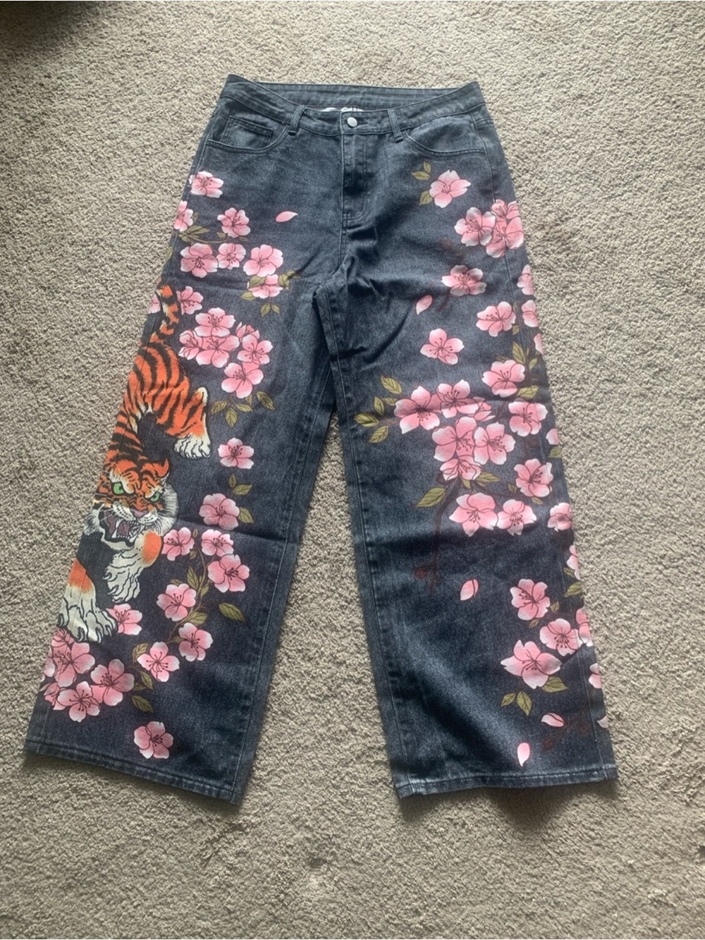 & Other Stories Black Wide-Leg Jeans with Pink Floral & Tiger Print